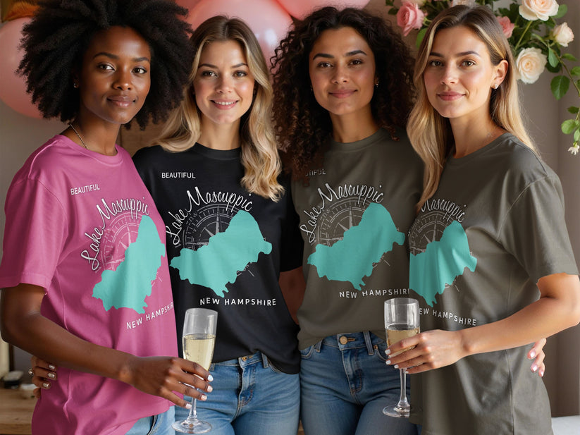 Four women wear t-shirts with "Lake Mascuppic, New Hampshire" graphic.