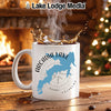 White mug with Arcadia Lake Oklahoma map and compass design.