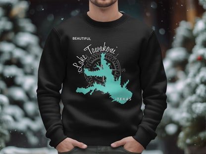 Black sweatshirt with teal Lake Tawakoni map graphic and "Texas" text.