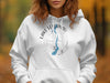 White hoodie with Lake Leelanau Michigan map and compass graphic.