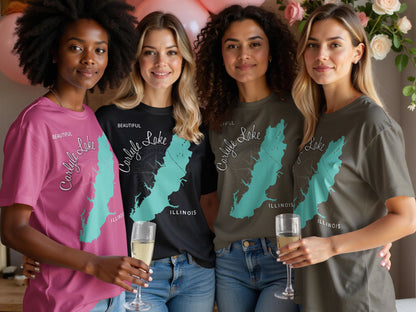 Four women in t-shirts featuring a lake outline and "Beautiful Carlyle Lake Illinois".