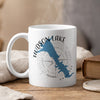 White mug with Hudson Lake map and compass graphic, "Oklahoma".