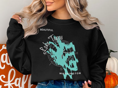 Black sweatshirt featuring "Lake Tapps Washington" and a turquoise map design.