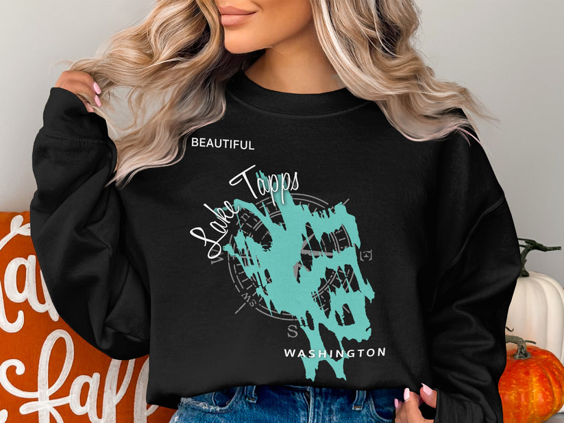 Black sweatshirt featuring "Lake Tapps Washington" and a turquoise map design.