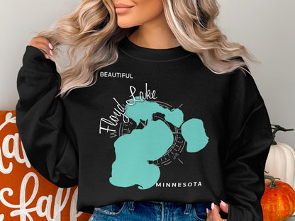 Black sweatshirt with teal Floyd Lake map design and compass rose.