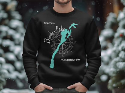 Black sweatshirt with "Banks Lake Washington" map and compass design.