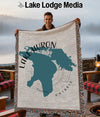 Woven throw blanket featuring a map of Lake Huron and Ontario.