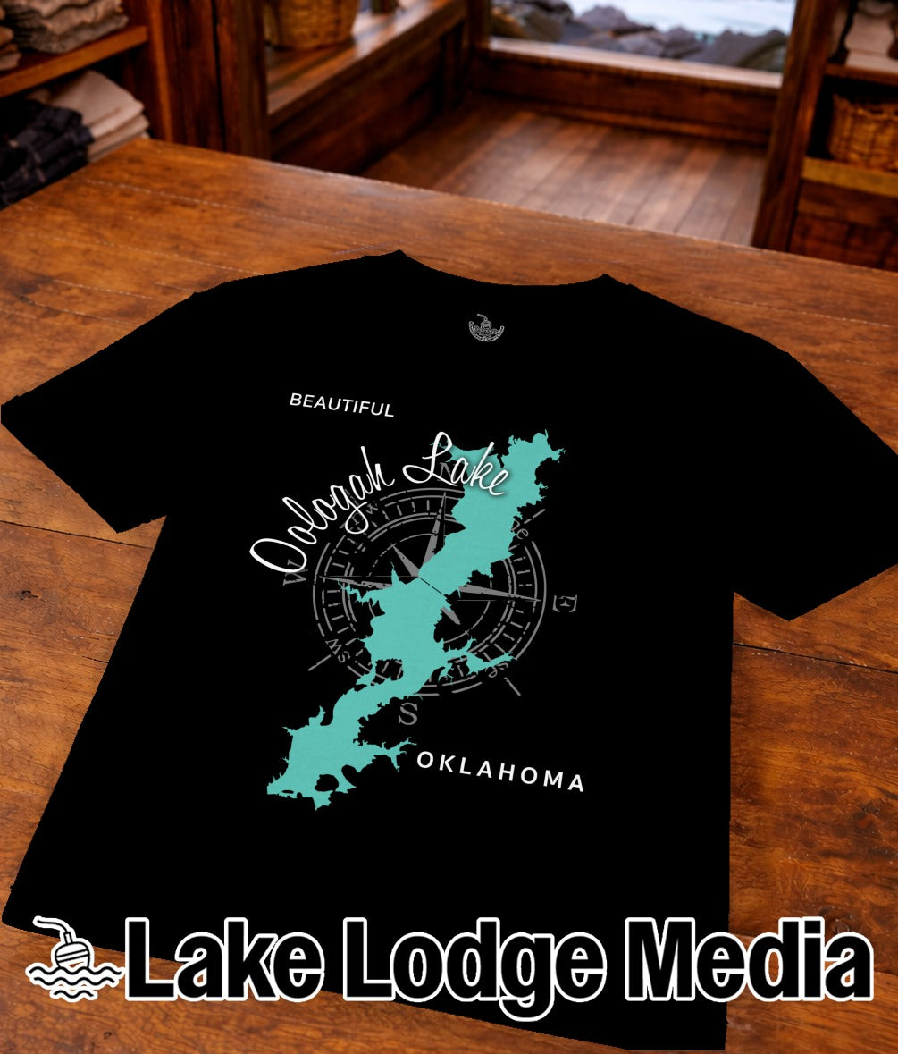 Black t-shirt with teal map of Oologah Lake and compass rose.