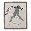 Longview Lake shape and compass design on a fringed throw blanket.