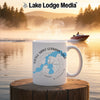 White mug with Little Saint Germain Lake map and compass design.