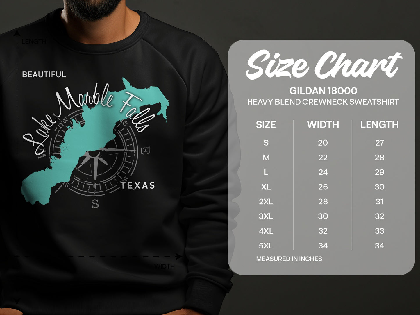 Crewneck sweatshirt size chart with map graphic of Lake Marble Falls, Texas.