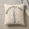 Brookville Lake Indiana map and compass design on a textured cream pillow.