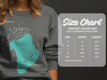 Lake Istokpoga Florida graphic on a grey sweatshirt with size chart.