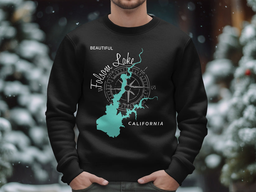 Black sweatshirt with Folsom Lake map and compass graphic.