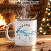 White mug with "PATOKA LAKE INDIANA" text and lake outline, steaming hot coffee splashing.