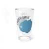 Clear glass pint glass with Crater Lake, Oregon map design.
