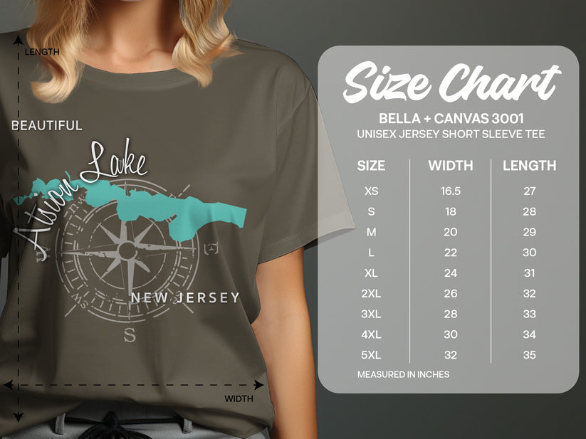 T-shirt size chart for Bella + Canvas 3001 short sleeve tee with lake graphic.