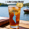 Glass of iced tea with Idaho map and "Cascade" text on a lake background.
