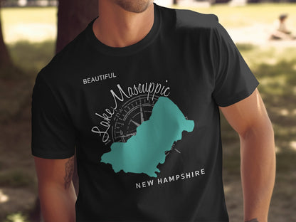 Black t-shirt with teal Lake Mascuppic, New Hampshire map and compass graphic.