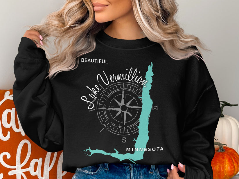 Black sweatshirt with "Beautiful Lake Vermilion Minnesota" and compass graphic.