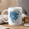 White mug with blue Big Sandy Lake map design and "Minnesota" text.