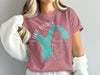 Rose t-shirt with teal Lake Union Washington map graphic and compass rose.