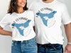 White t-shirts with blue Lake Cuyamaca map and compass graphic.