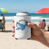 White can cooler with Lake Arrowhead, California map and compass design on beach.