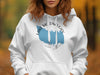 White hoodie with a blue Lake McConaughy Nebraska map design and compass graphic.