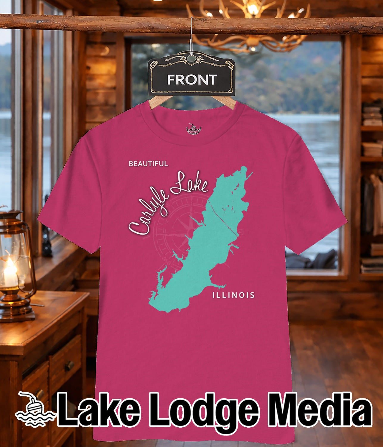 Pink t-shirt with turquoise map of Carlyle Lake and "ILLINOIS" text.