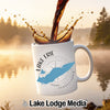 White mug with Lake Erie map, compass, and "Lake Erie Pennsylvania" text.