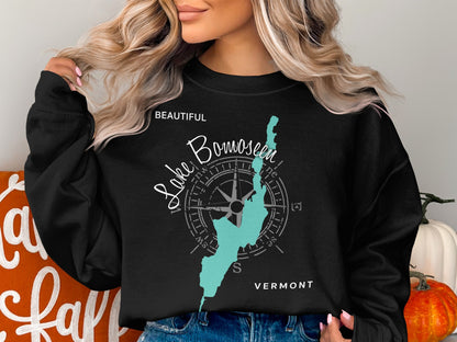 Black sweatshirt with "Beautiful Lake Bomoseen Vermont" and a compass rose graphic.