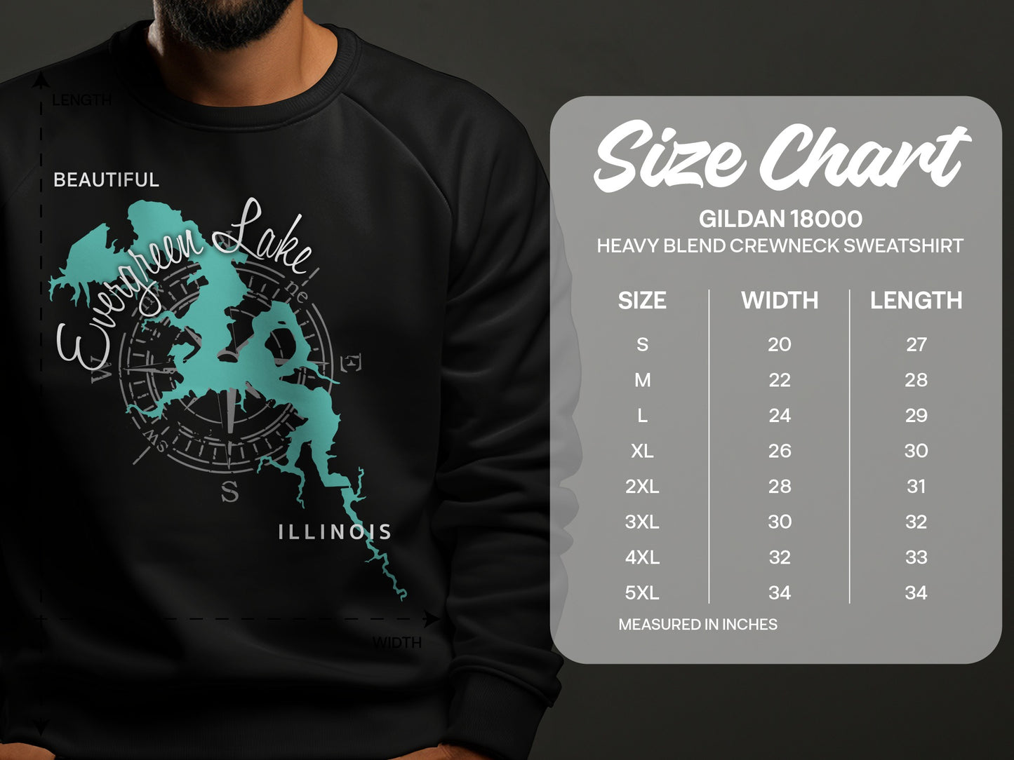 Crewneck sweatshirt size chart for Gildan 18000 with Evergreen Lake design.
