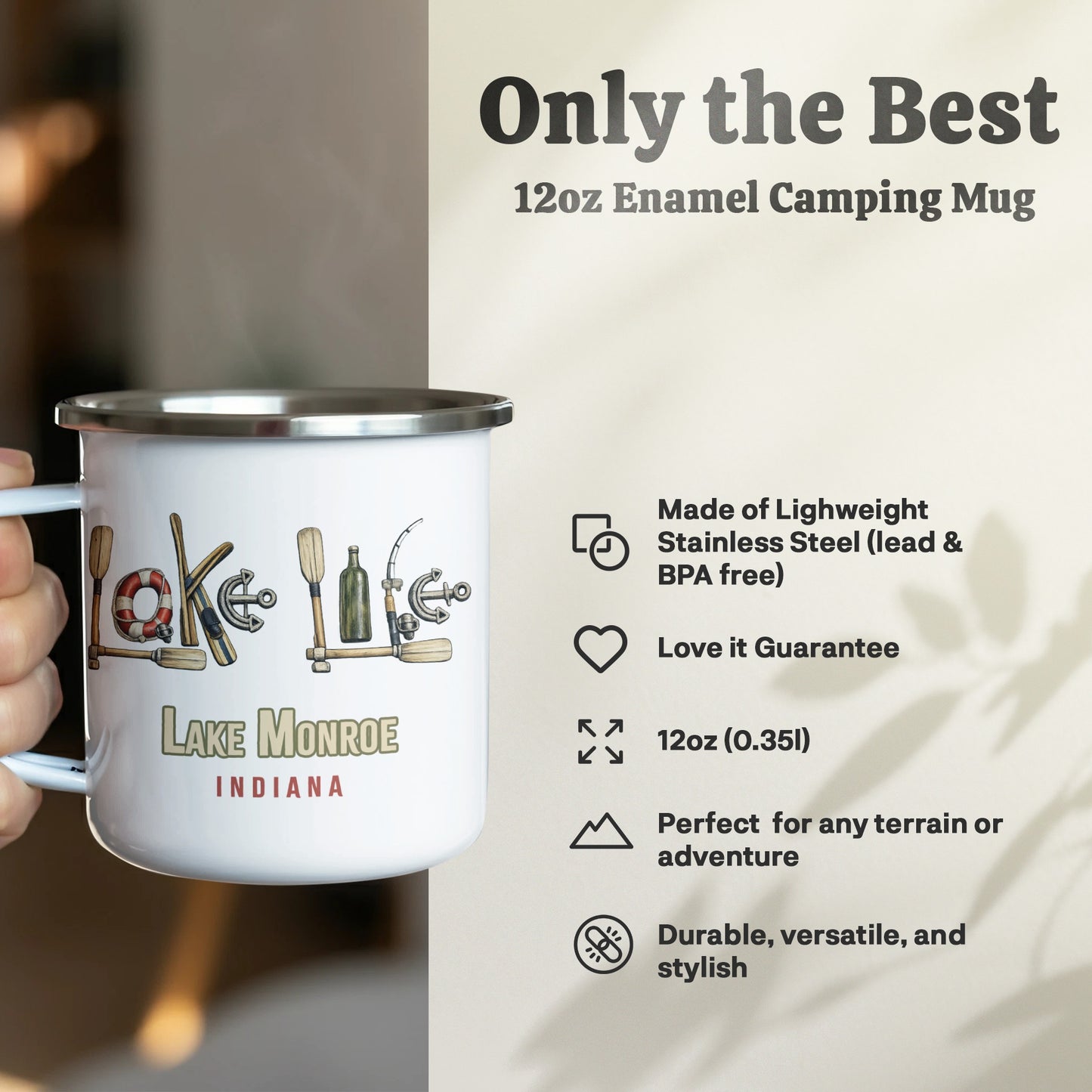 Enamel camping mug with Lake Monroe Indiana design, 12oz capacity.
