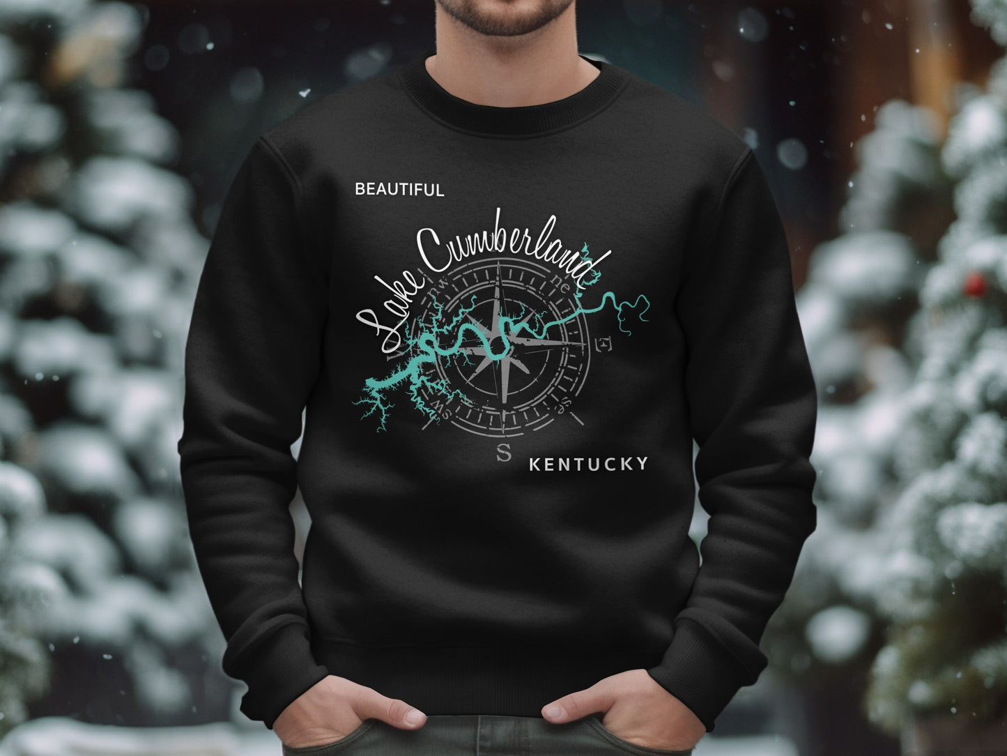 Black sweatshirt with Lake Cumberland Kentucky compass design.