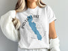 White t-shirt with Pavlas Lake Wisconsin map and compass graphic.