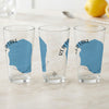 Three glasses featuring a blue map of Red Lake, Minnesota.