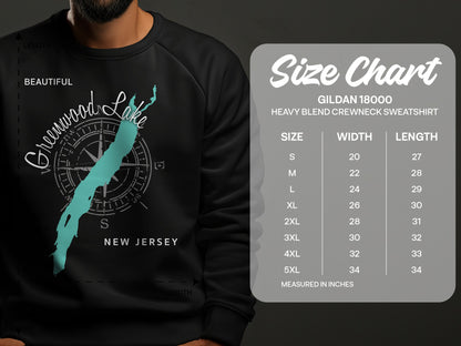 Greenwood Lake map on dark sweatshirt with size chart for Gildan 18000 sweatshirt.