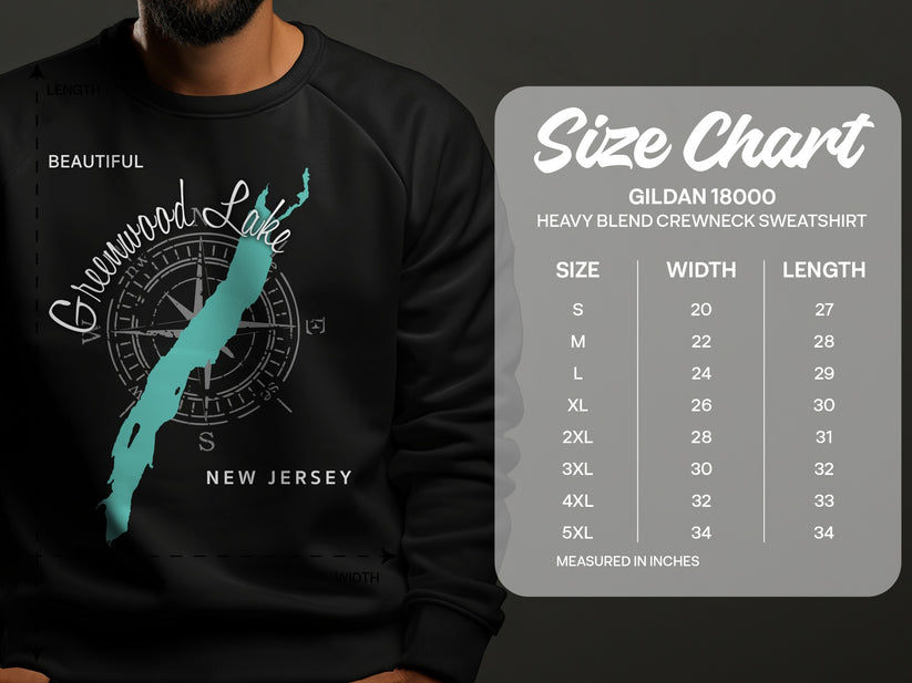Greenwood Lake map on dark sweatshirt with size chart for Gildan 18000 sweatshirt.