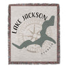 Lake Jackson Georgia map and compass design on a fringed woven blanket.
