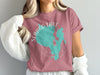 Pink t-shirt with turquoise Sebago Lake map in Maine and compass rose design.