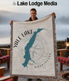 Woven blanket with Yale Lake, Washington map and compass design.