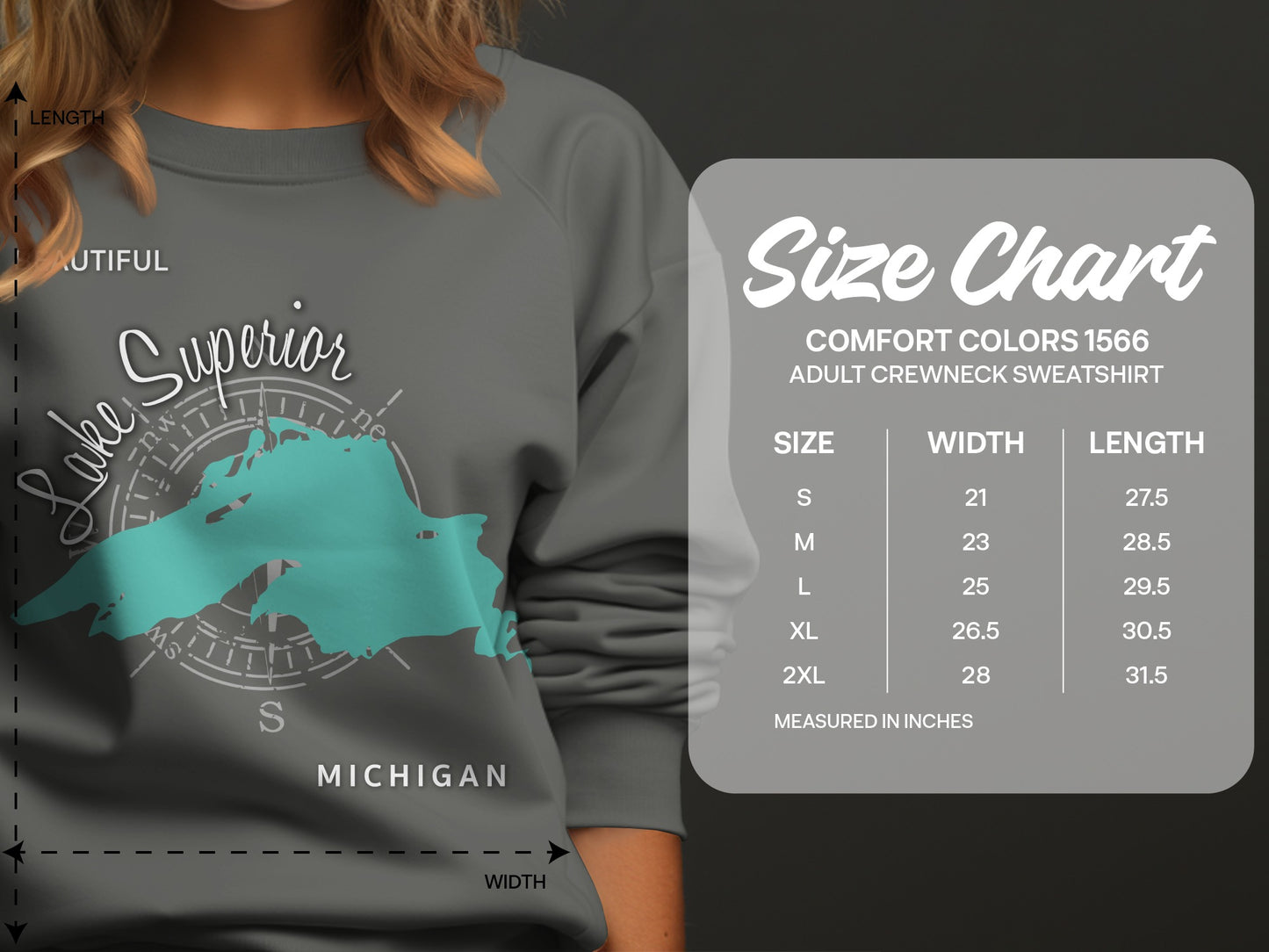Size chart for Comfort Colors 1566 adult crewneck sweatshirt.