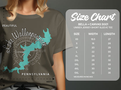 Lake Wallenpaupack Pennsylvania compass rose t-shirt size chart.