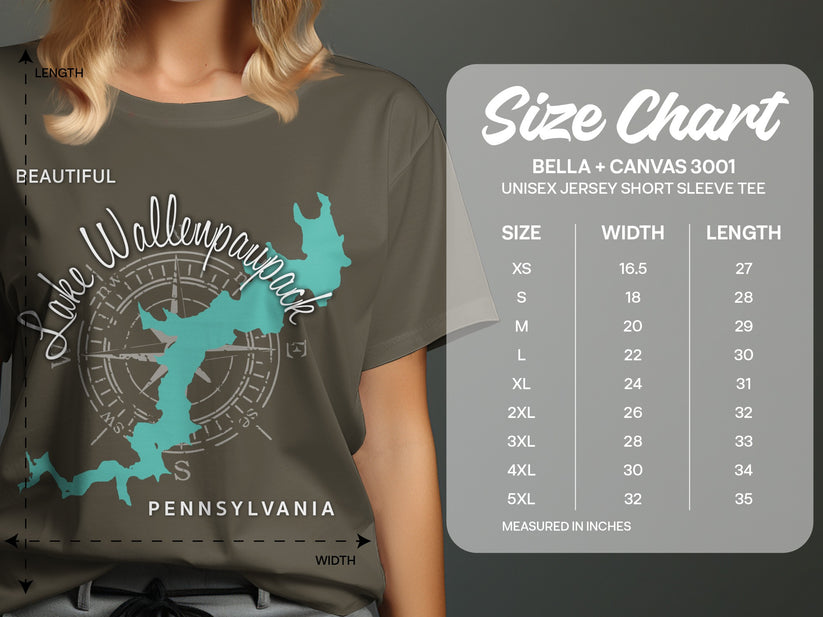 Lake Wallenpaupack Pennsylvania compass rose t-shirt size chart.