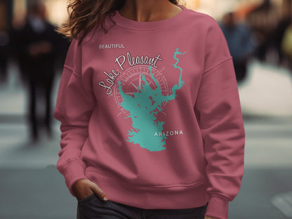 Pink sweatshirt with turquoise Lake Pleasant Arizona map graphic.
