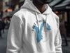 White hoodie with a compass and blue Lake Union, Washington map graphic.