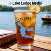 Glass of iced tea with "Bgen Lake" map graphic and lemon slice.