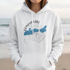 White hooded sweatshirt with Geneva Lake Wisconsin map and compass graphic.