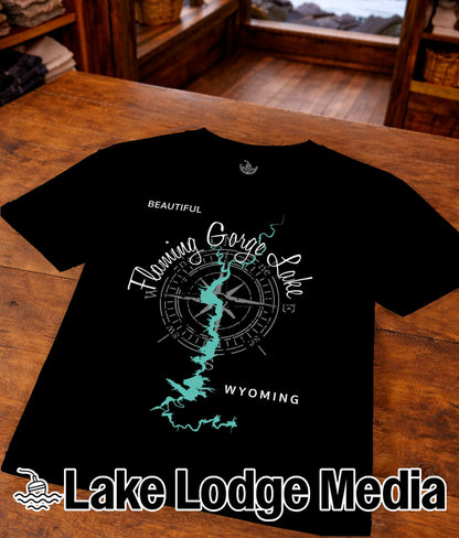 Black t-shirt featuring a compass rose and map of Flaming Gorge Lake, Wyoming.